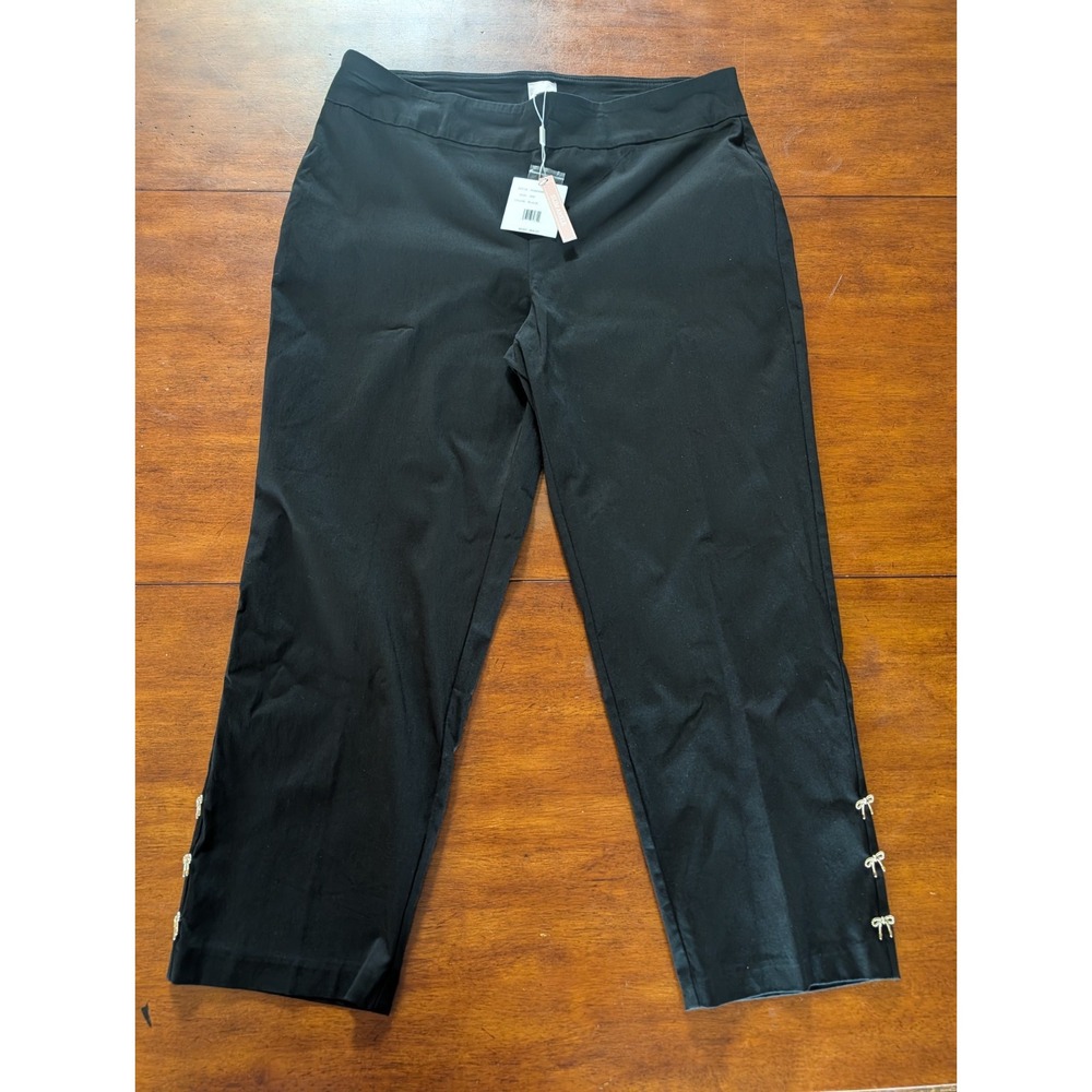 Zac & Rachel Women's 18W Black Capri Pull On Dress Pants W Gold Bow Accents NEW